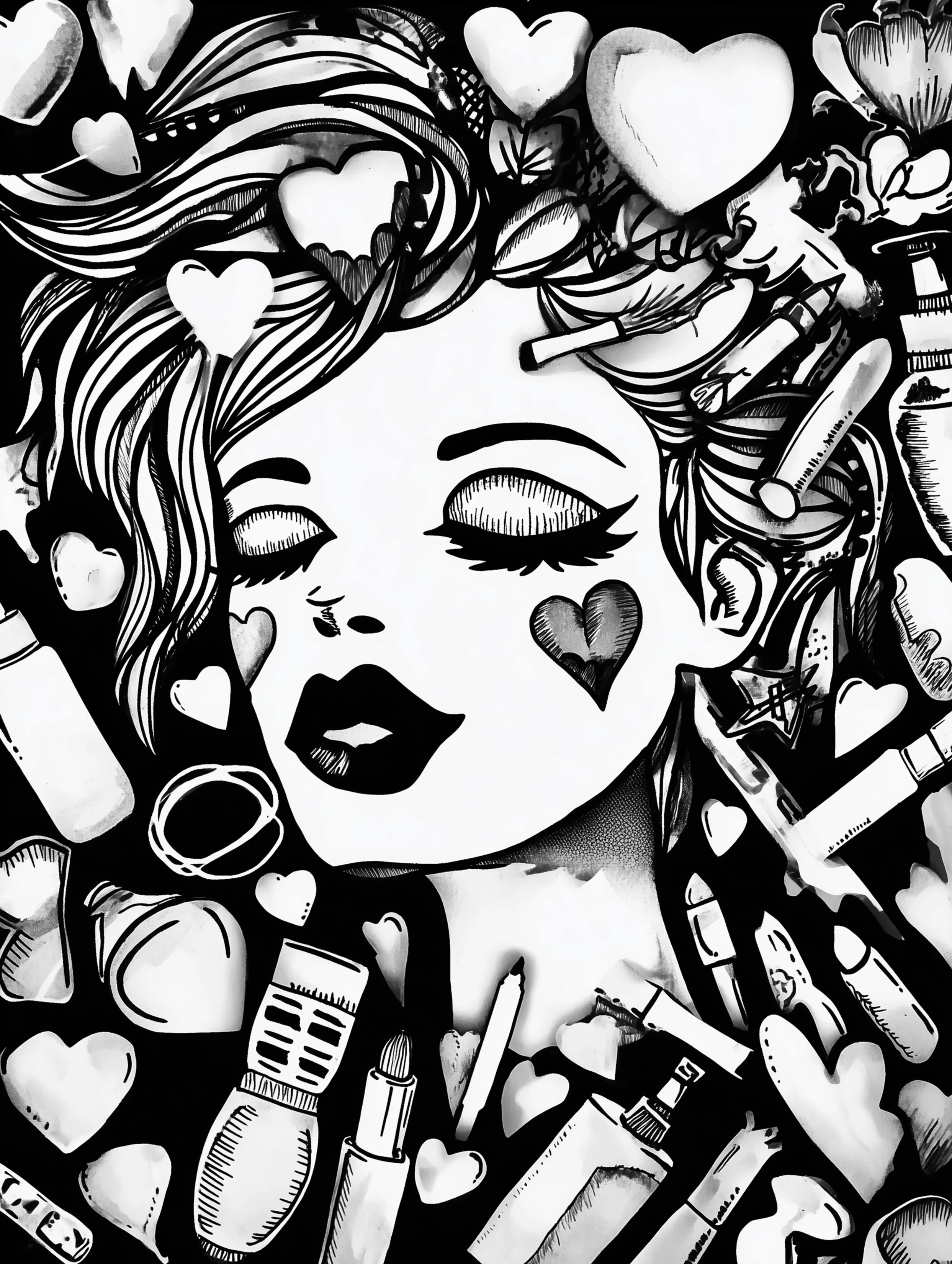 Free printable makeup coloring page for adults featuring a woman with hearts on her cheeks and makeup
